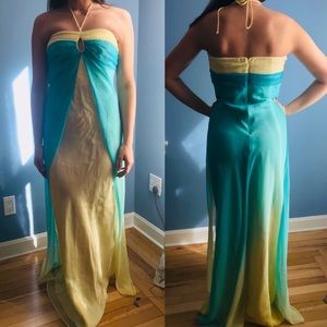 🆕yellow& blue chiffon tie neck open layer dress